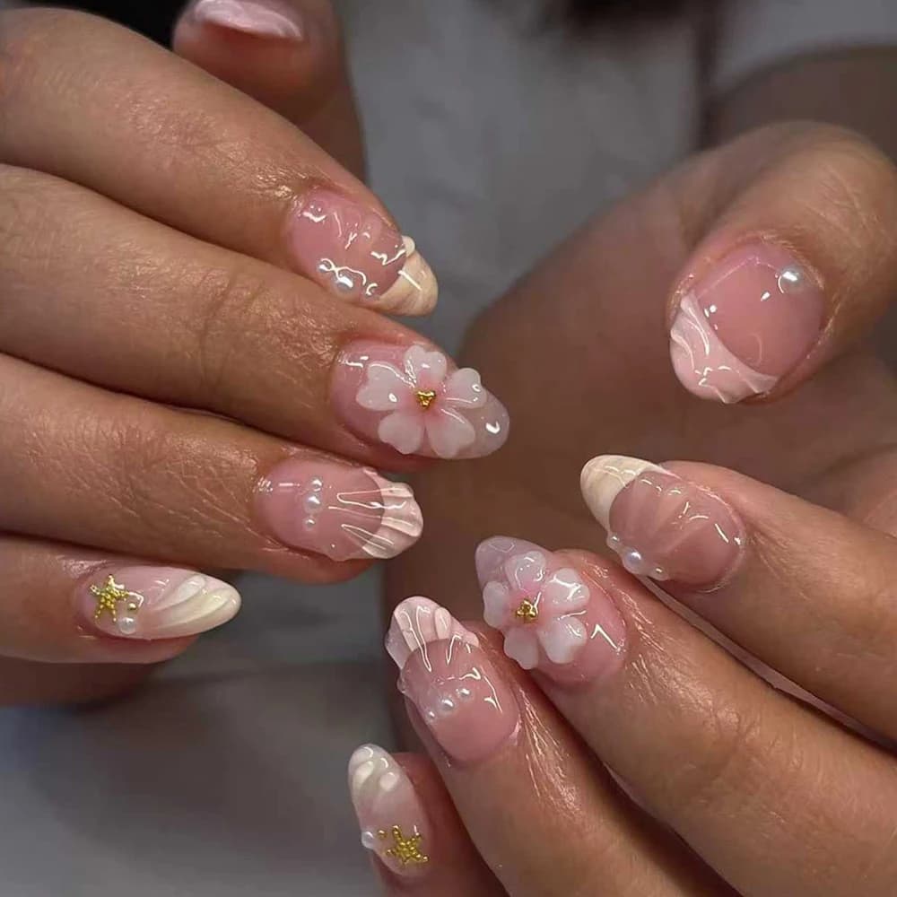 Autocollants pour ongles en Gel 3D ovales courts, 24 pièces, créer un Nail Art en forme de fleur de