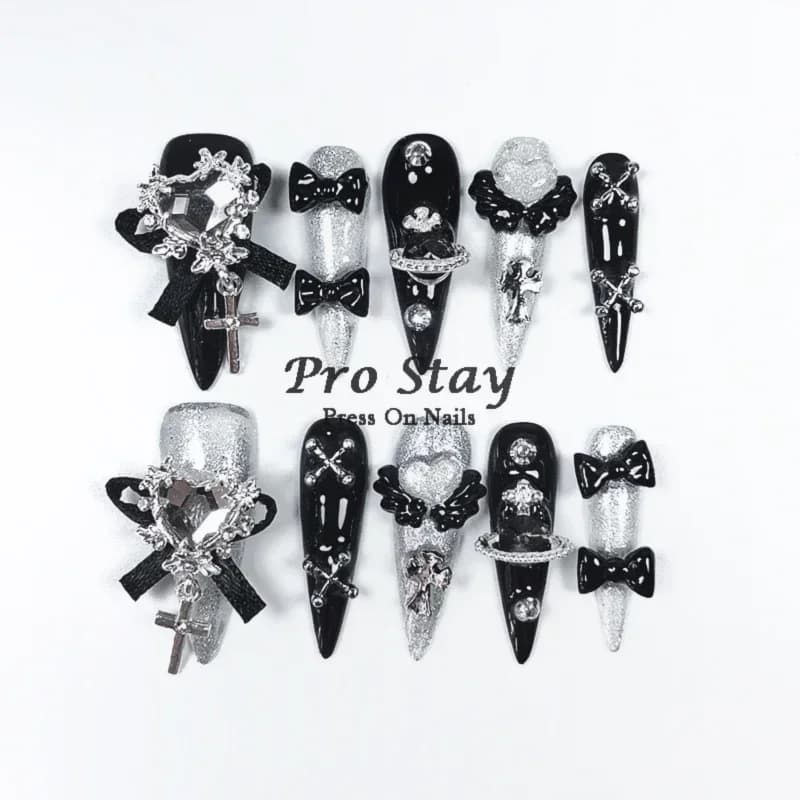 Faux ongles artificiels noirs foncés Y2k, faits à la main, à pression, doux et frais, avec diamant, 