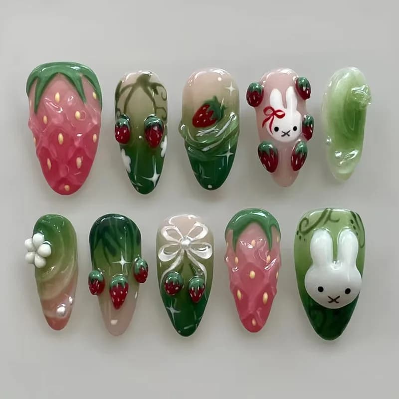 24 faux ongles 3D en forme de fraise, lapin et fleur, à presser, mi-longs, en amande, à porter, dégr