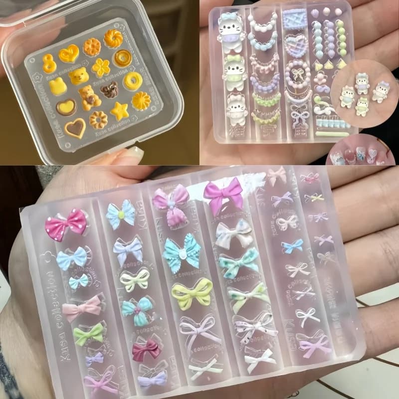 Ensemble de 3 pièces en Silicone pour Nail Art, chat mignon, crème, ours, Cookie, nœud papillon, 3D,