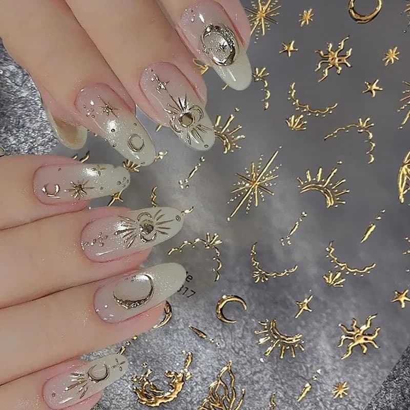 3D bronzant or lune étoile Nail Art autocollants rétro bohême soleil lune étoile ongles conceptions