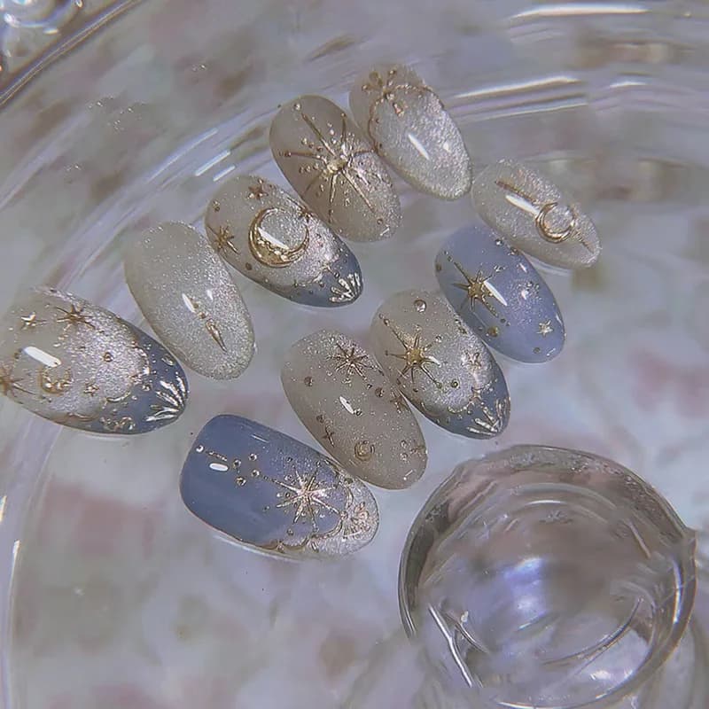 24 pièces romantique Y2k étoile presse sur ongles dégradé bleu Style français or lune conçoit faux o