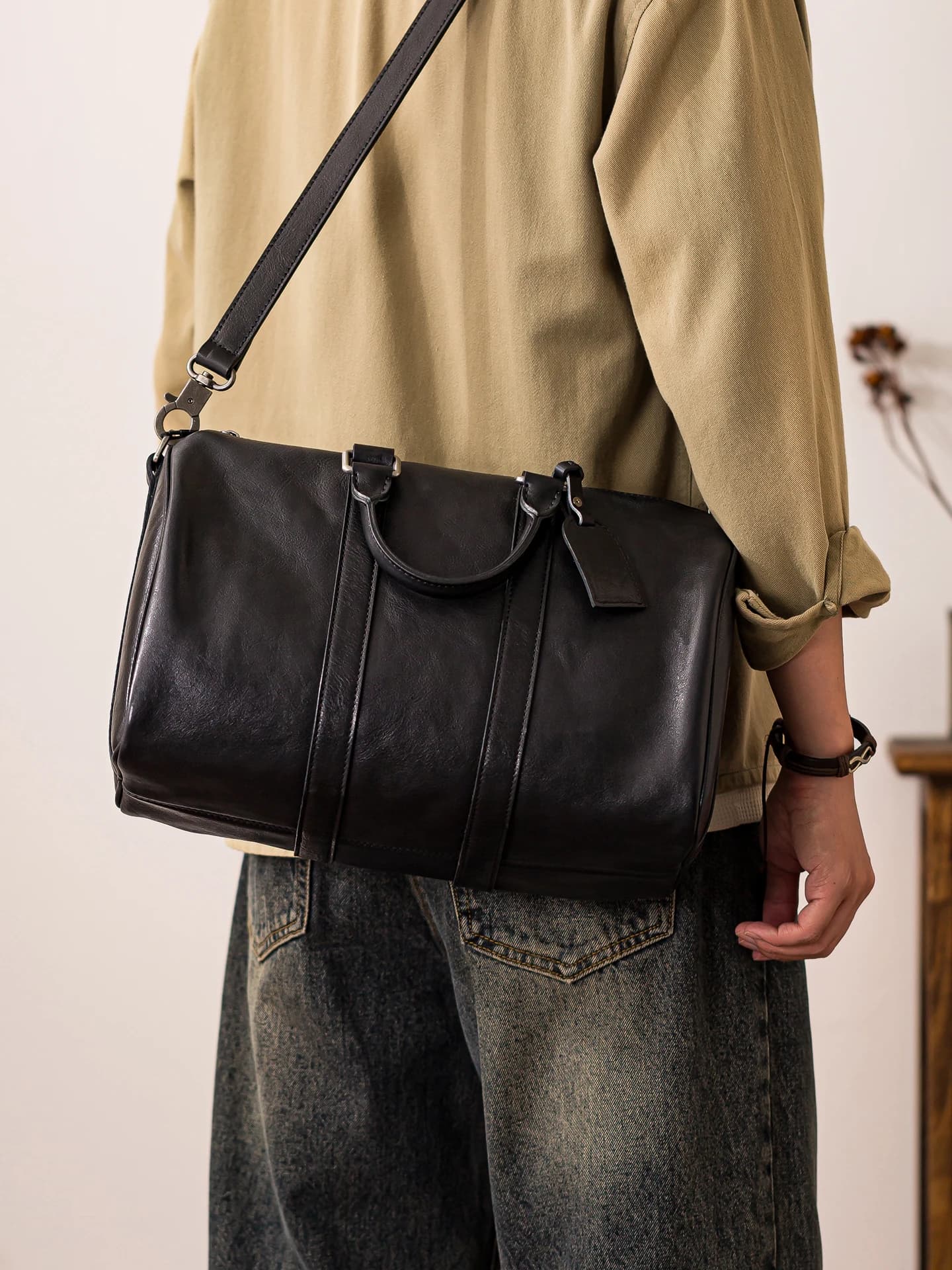 week-end en plein air fait à la main de luxe en cuir véritable hommes sac à bandoulière noir mode décontracté concepteur en cuir de vache grand sac à main noir