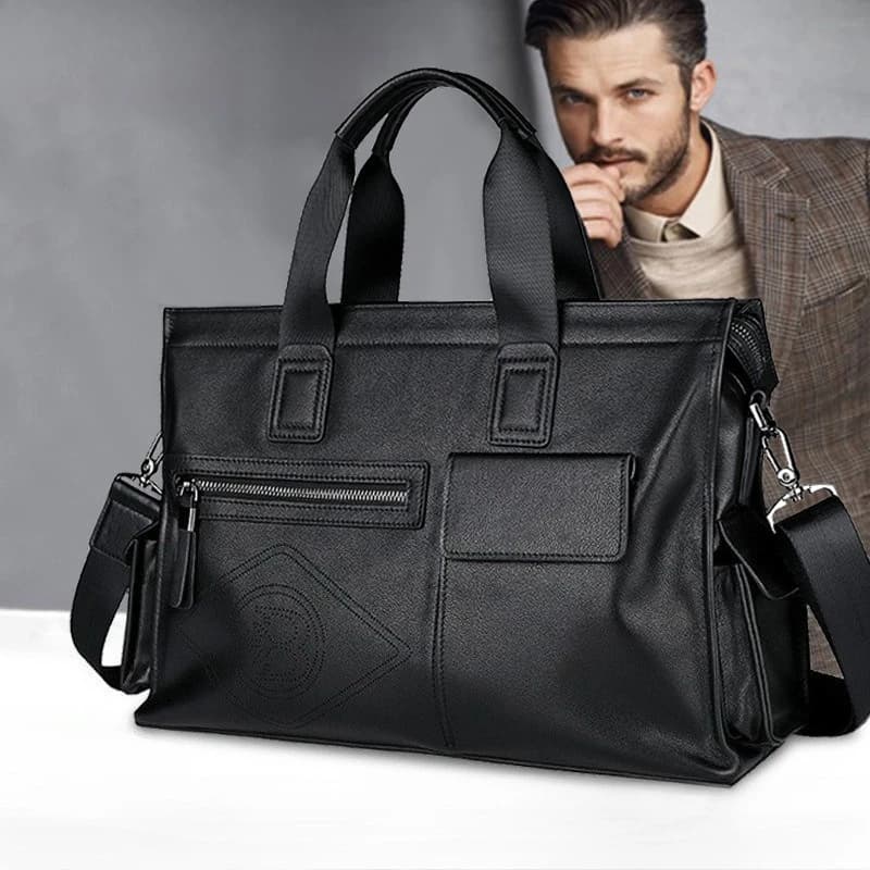 Porte-documents en cuir pour hommes, fourre-tout d'affaires de grande capacité, sac à main tendance, véritable première couche de peau de vache