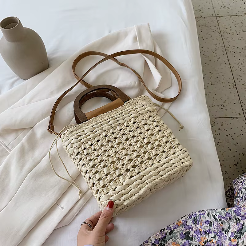 Sac à main en rotin tissé pour femmes, panier en paille, poignée en bois initiée, sacs à bandoulière