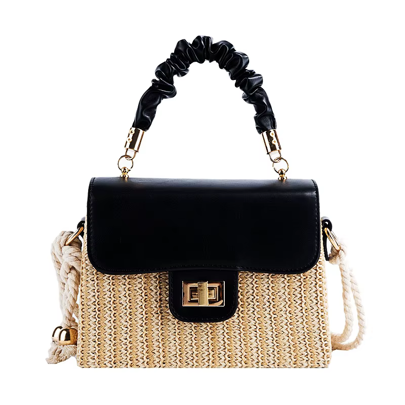 Sac de plage en paille pour femmes, poignée plissée, sac de luxe de styliste, couleur contrastée, sa