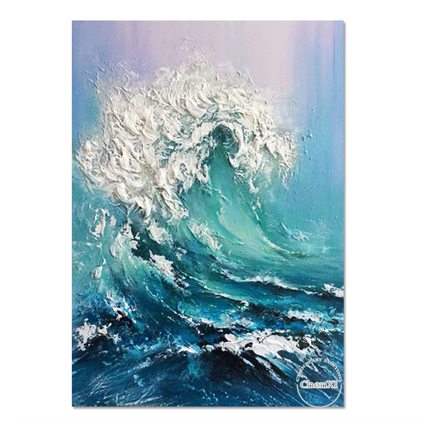 Toile murale peinture à l'huile, mer avec des vagues battantes, image d'art de chambre à coucher, dé