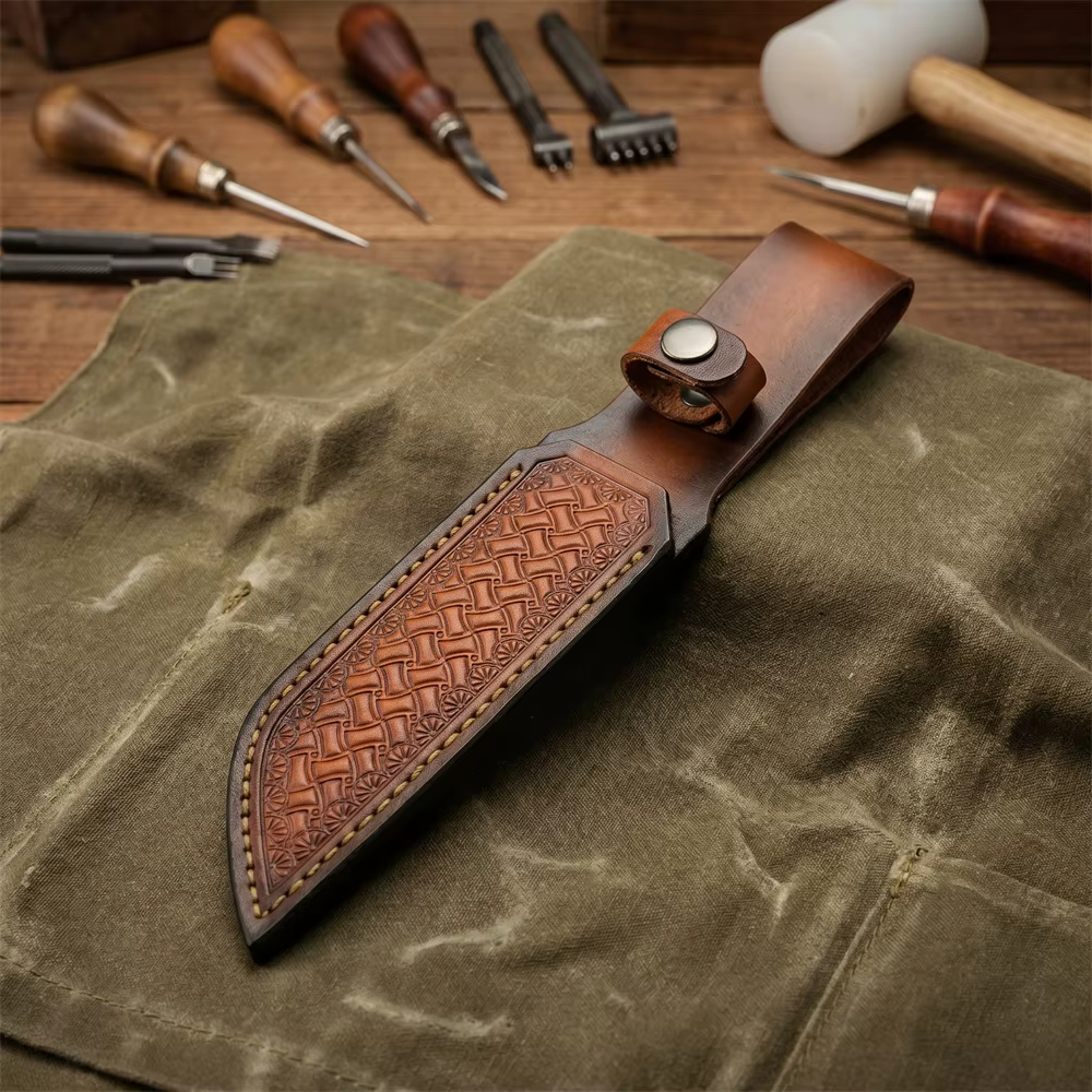 Étui à couteau en cuir fait main, motif sculpté rétro, pour port à la ceinture, idéal pour la chasse