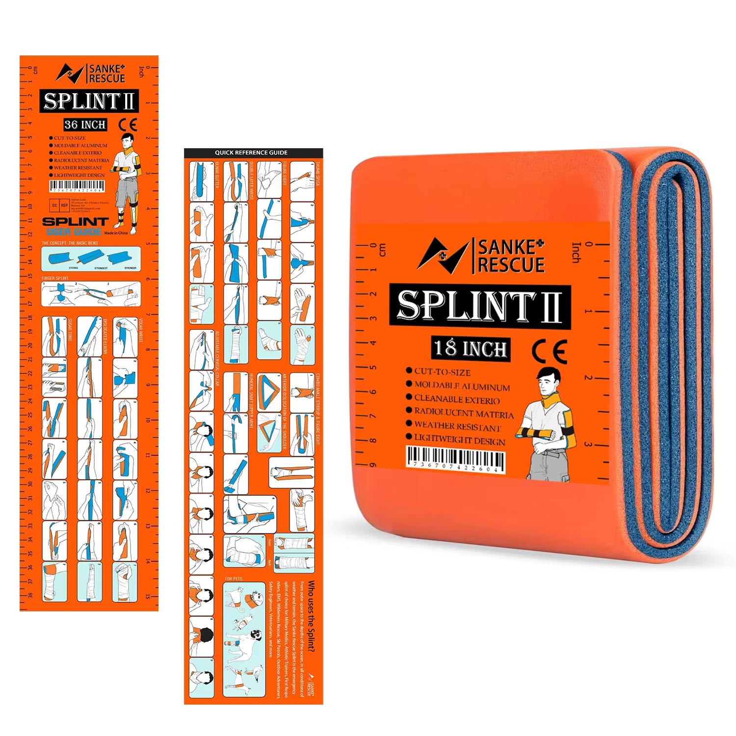 Attelle de premiers secours 18-36" x 4.3" Vert-Gris Orange-Bleu – Maintient les os en position