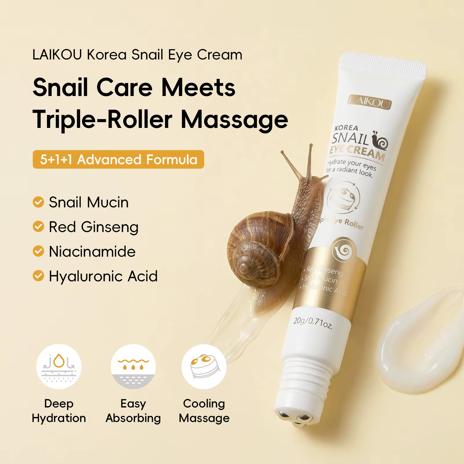 Crème pour les yeux à l'escargot LAIKOU Corée 20g Triple applicateur Hydratation intense Absorption