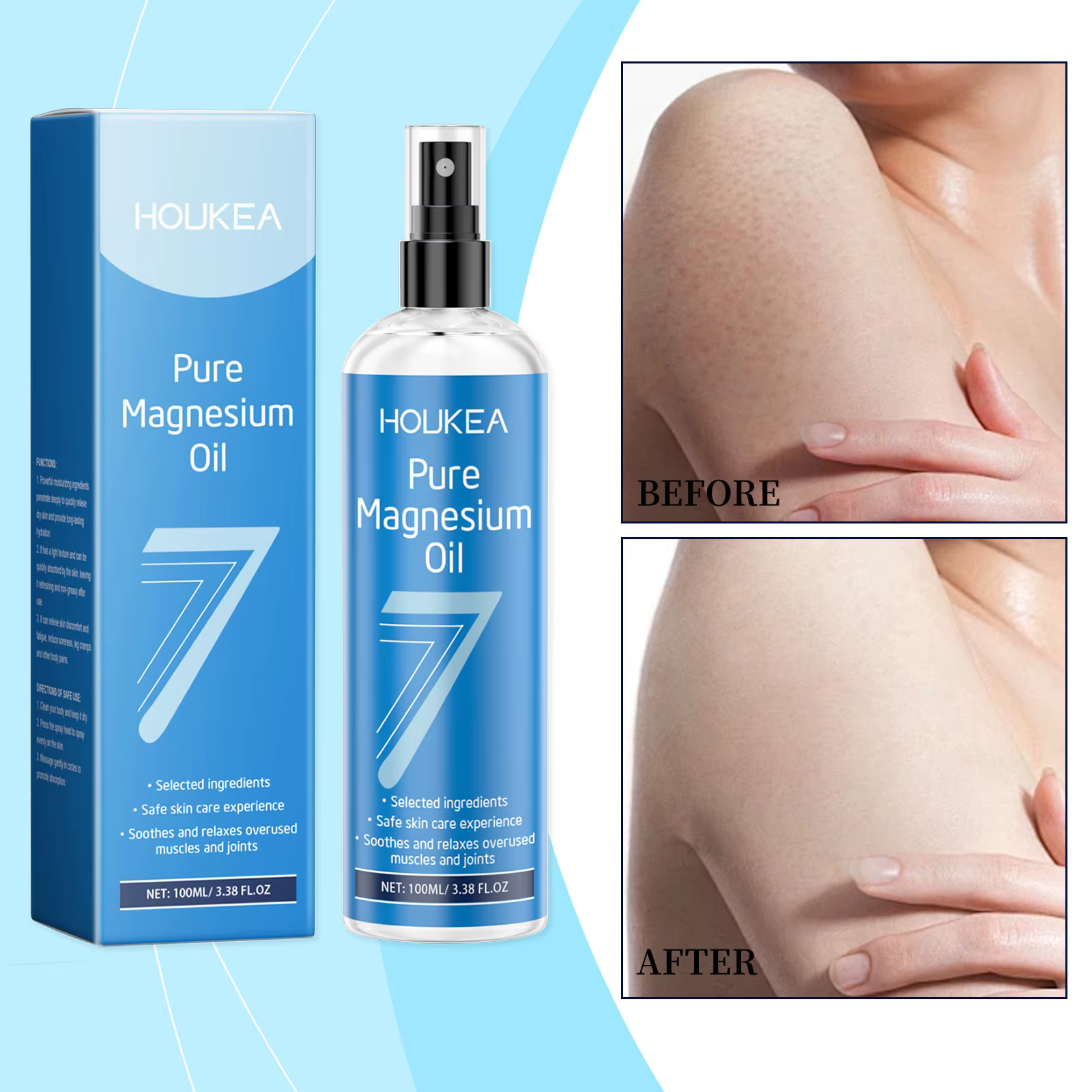 Huile minérale de magnésium en spray HOUKEA : Nourrit, hydrate et raffermit en douceur la peau – Soi