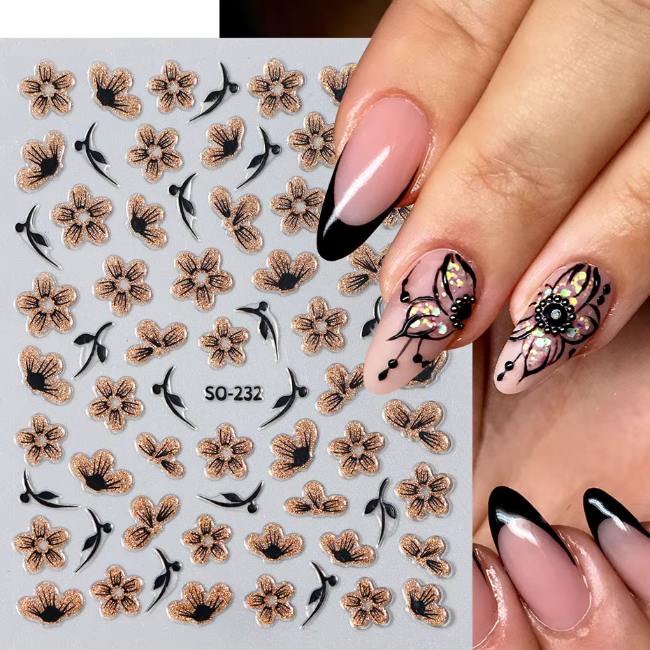 Autocollant 3D pour ongles, 2 pièces, noir, or, paillettes, fleur, pétales brillants, feuilles, Nail