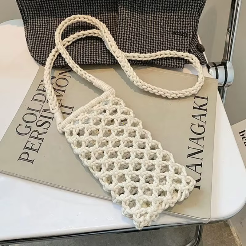 Sac bandoulière léger en crochet tressé ajouré de couleur unie pour femme, petit sac à main pour tél