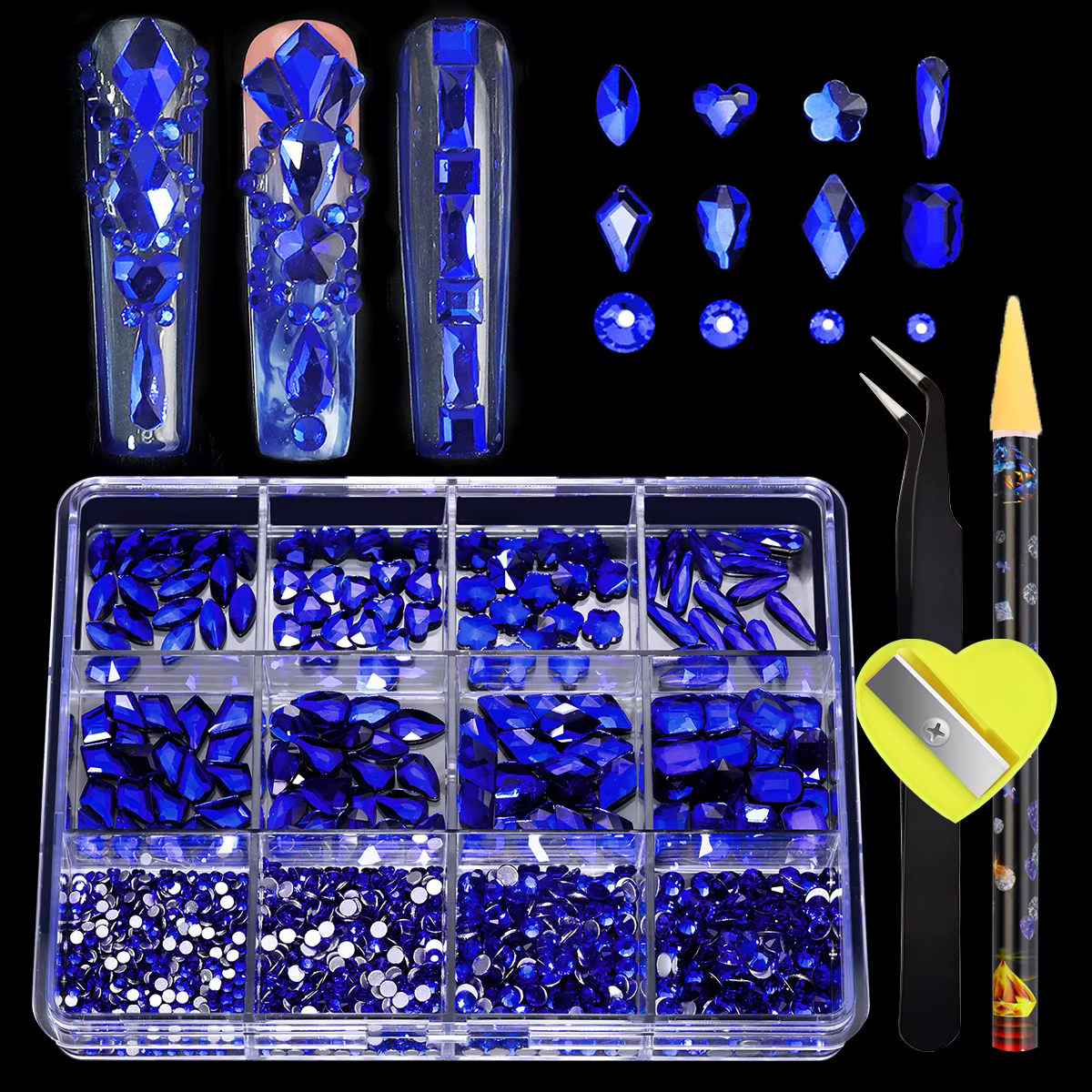 780-980 pièces 3D multi-formes luxe Nail Art strass clair/AB/rouge/bleu foret à fond plat avec stylo