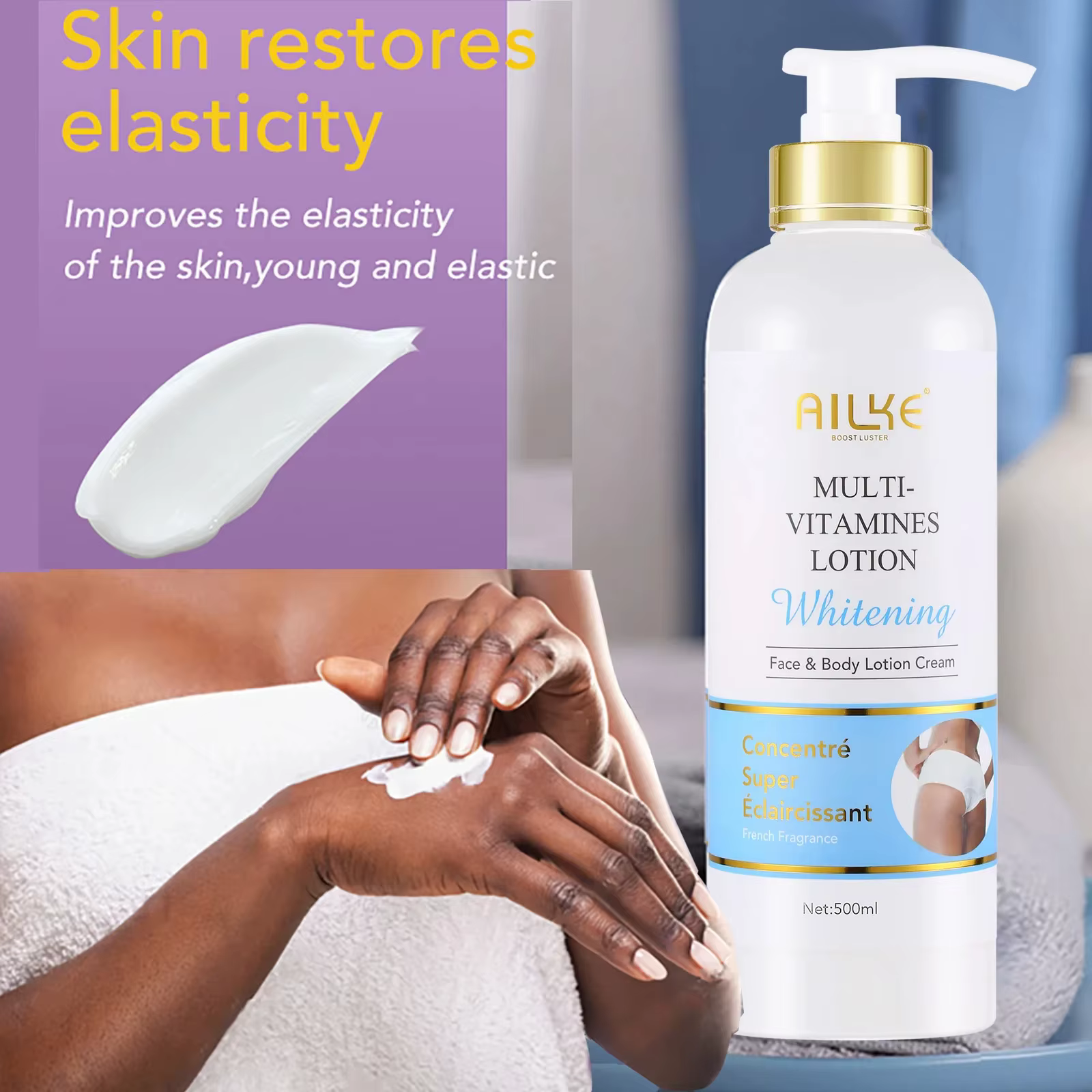 AILKE Lotion pour le corps blanchissante multi-vitamines avec vitamines A,E,B3,B5, augmente l'éclat 