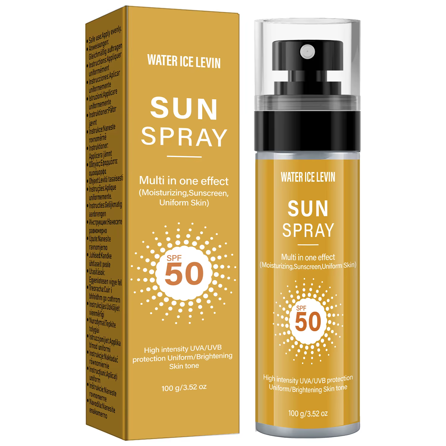 Water ice levin Spray Solaire SPF50 Crème Solaire Hydratante Éclat Protection UVA/UVB à l'Acide Hyal