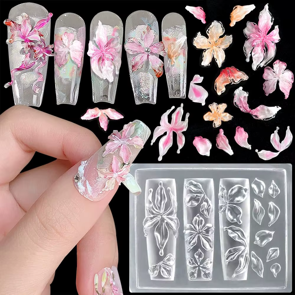 Moule à ongles en Silicone fleur de lys glacée, Gel 3D, motifs de breloques florales, moules réutili