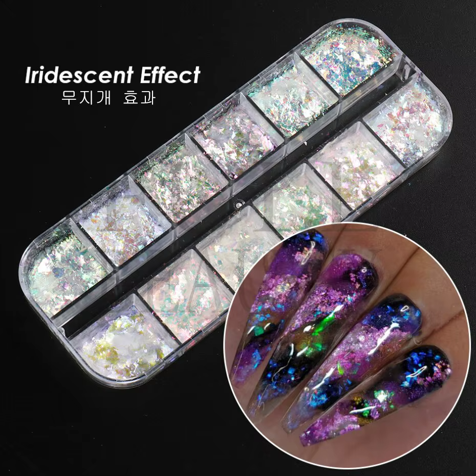 12 grilles irisées pour ongles, aurore, paillettes de cristal, flocons de feu, holographiques scinti