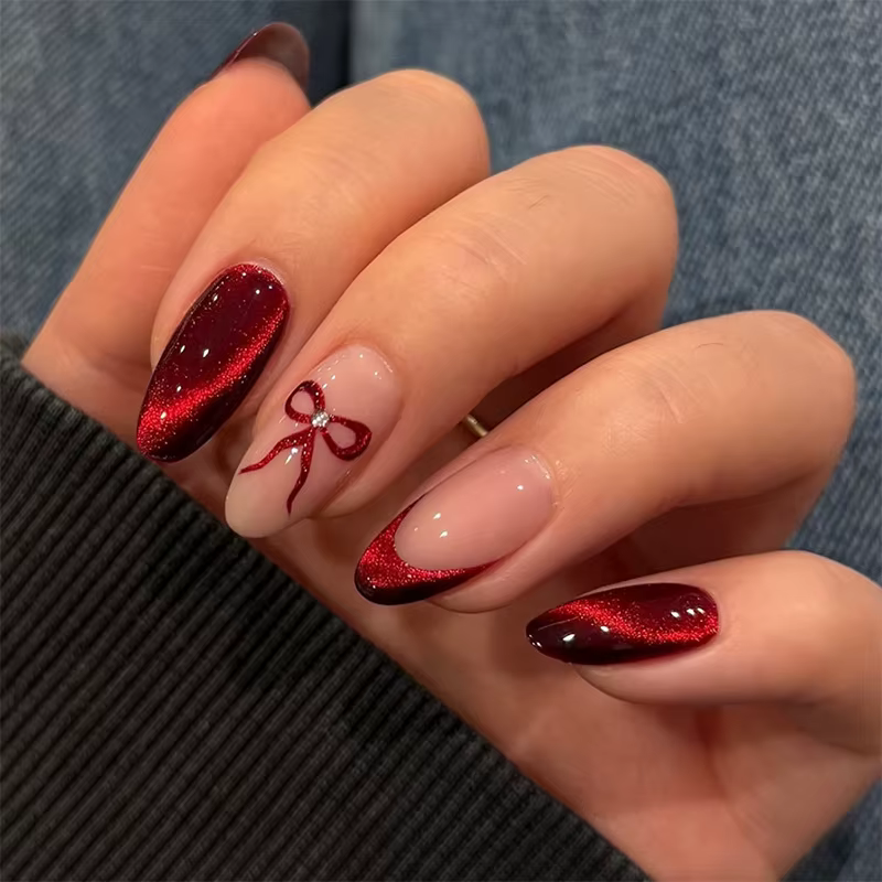 Faux ongles en forme d'oeil de chat rouge Rose, amande, manucure Simple, DIY, 24 pièces, à pression,