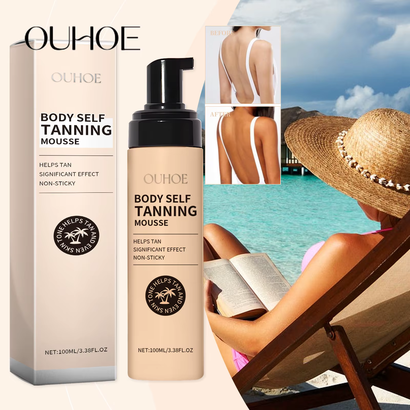 Ouhoe 100 ml Mousse autobronzante sans soleil Bronzant en bronze à séchage rapide Bronzant d'apparen
