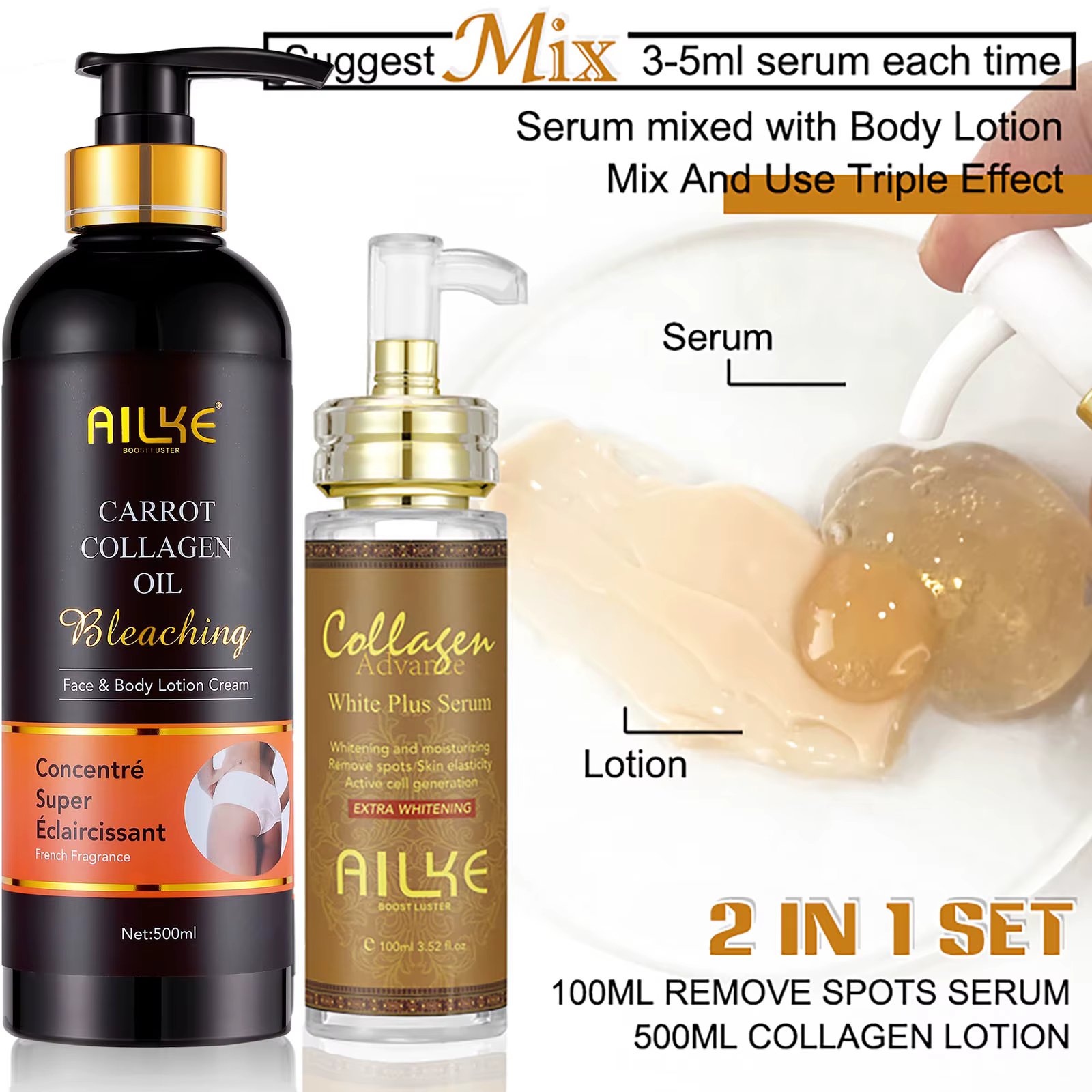 Lotion corporelle éclaircissante et hydratante AILKE, pour peaux foncées et noires, avec collagène, 