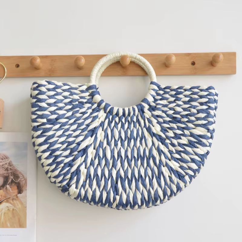 Sac à main coloré pour femme en rotin et paille tressée, sac demi-lune grande capacité, sac de voyag