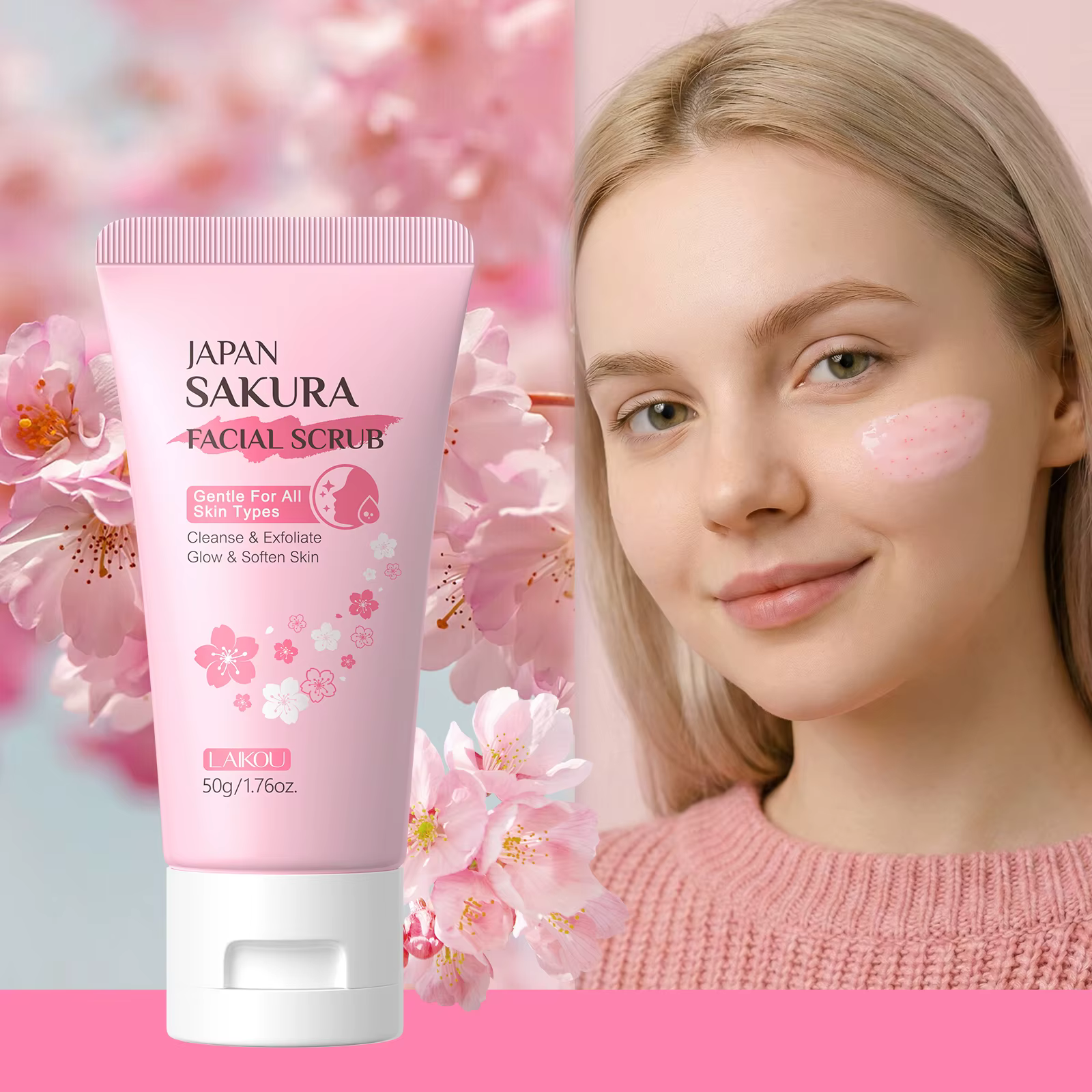 Gommage facial LAIKOU Japan Sakura 50g Nettoyage en douceur Exfoliation Éclat Adoucit la peau Pour t