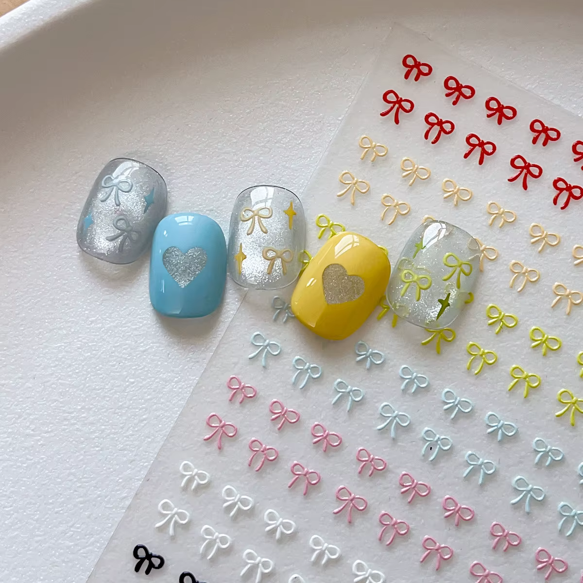 Autocollants pour Nail Art avec nœuds colorés en relief, Laser doux, or et argent, autocollants auto