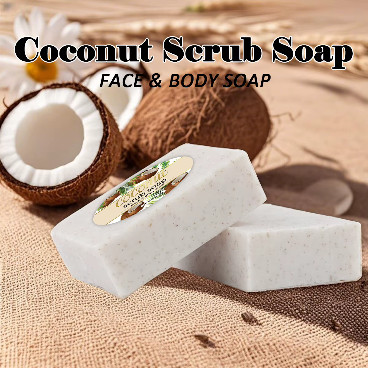 Savon gommage au noix de coco, savon de bain exfoliant fait à la main, nettoyant pour le visage et l