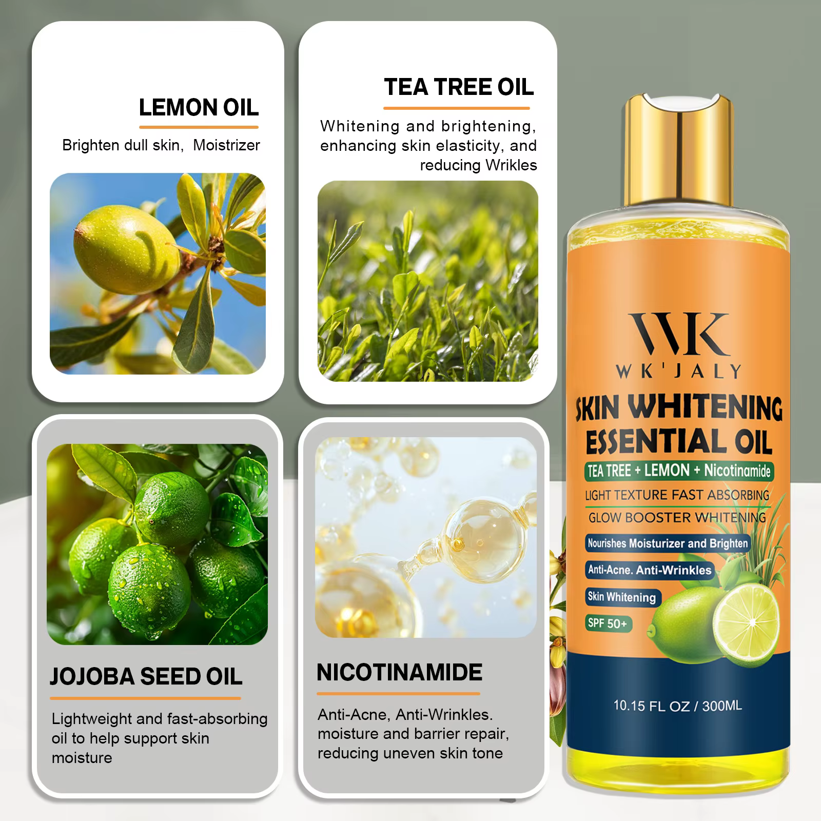 WK JALY Huile corporelle éclaircissante Niacinamide pour toute la peau, avec arbre à thé, citron, él
