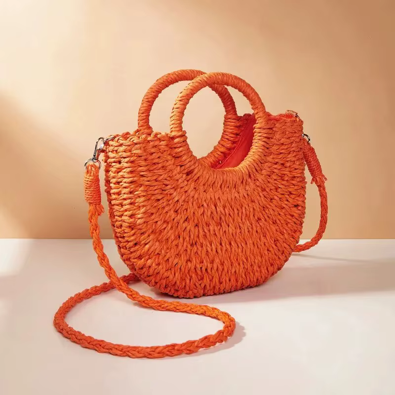 Tissé à la main en paille rotin demi-lune plage sac à main grande capacité femmes été évider Crossbo