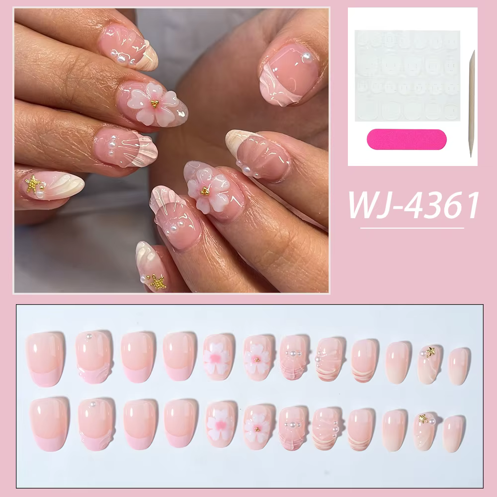 Autocollants pour ongles en Gel 3D ovales courts, 24 pièces, créer un Nail Art en forme de fleur de 