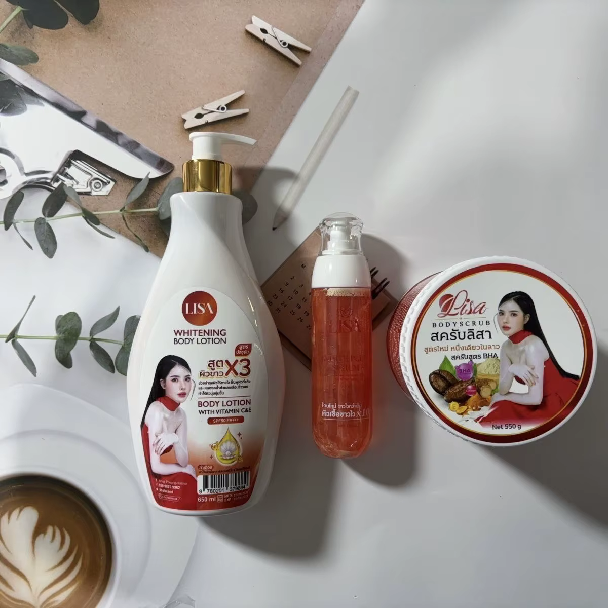 Kit de soin de la peau LISA Whitens Set Thaïlande X3 Collagène, élimine les taches brunes, sérum, go