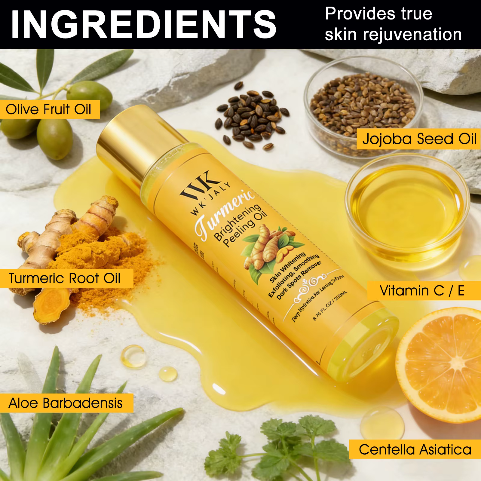 WK JALY Huile exfoliante jaune pour tous les tons de peau, au curcuma naturel, éclaircissante, améli