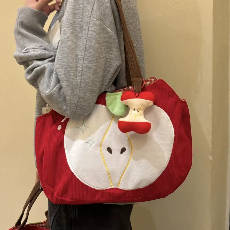 Sac à main pomme rouge créatif et mignon en velours côtelé, sac à bandoulière élégant en toile pour 