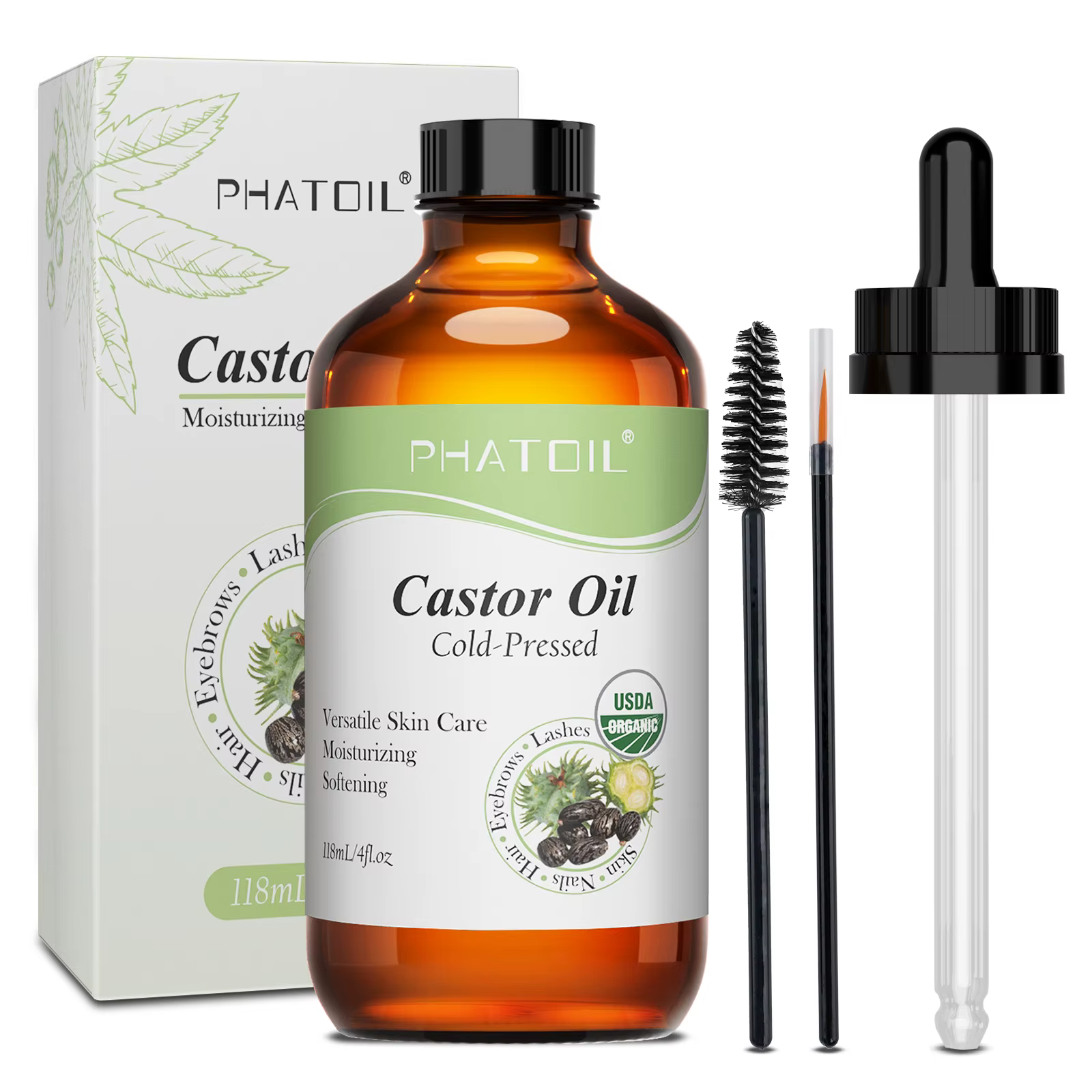 PHATOIL Huile de ricin biologique pressée à froid 118 ml/236 ml 100% naturelle Huiles de ricin