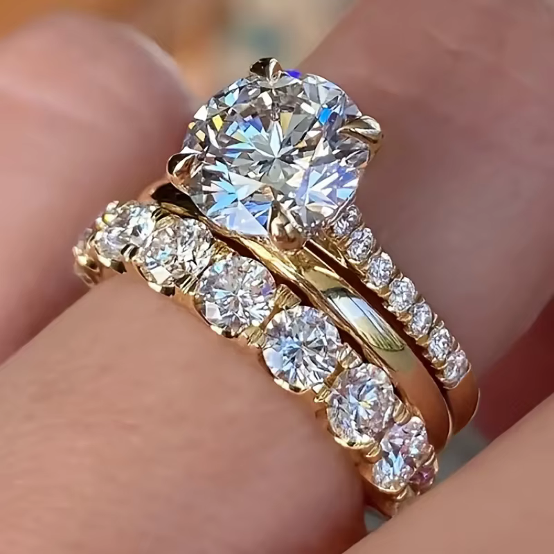 Huitan magnifique 3 pièces ensemble de bagues femme luxe brillant rond zircone doigt bijoux mode cou