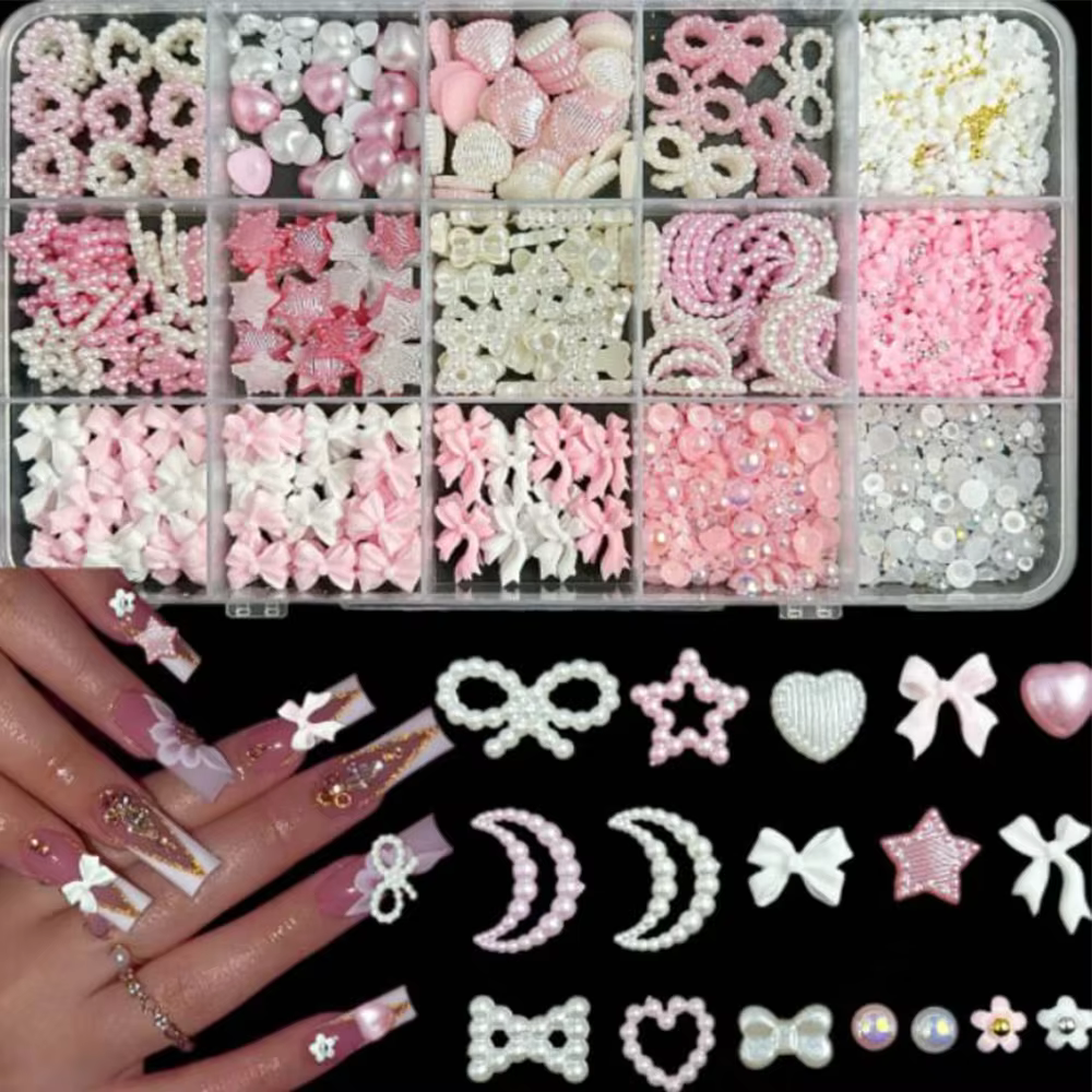 Boîte de breloques pour ongles, mélange de perles, nœud papillon/étoile/lune, ruban en résine/fleur
