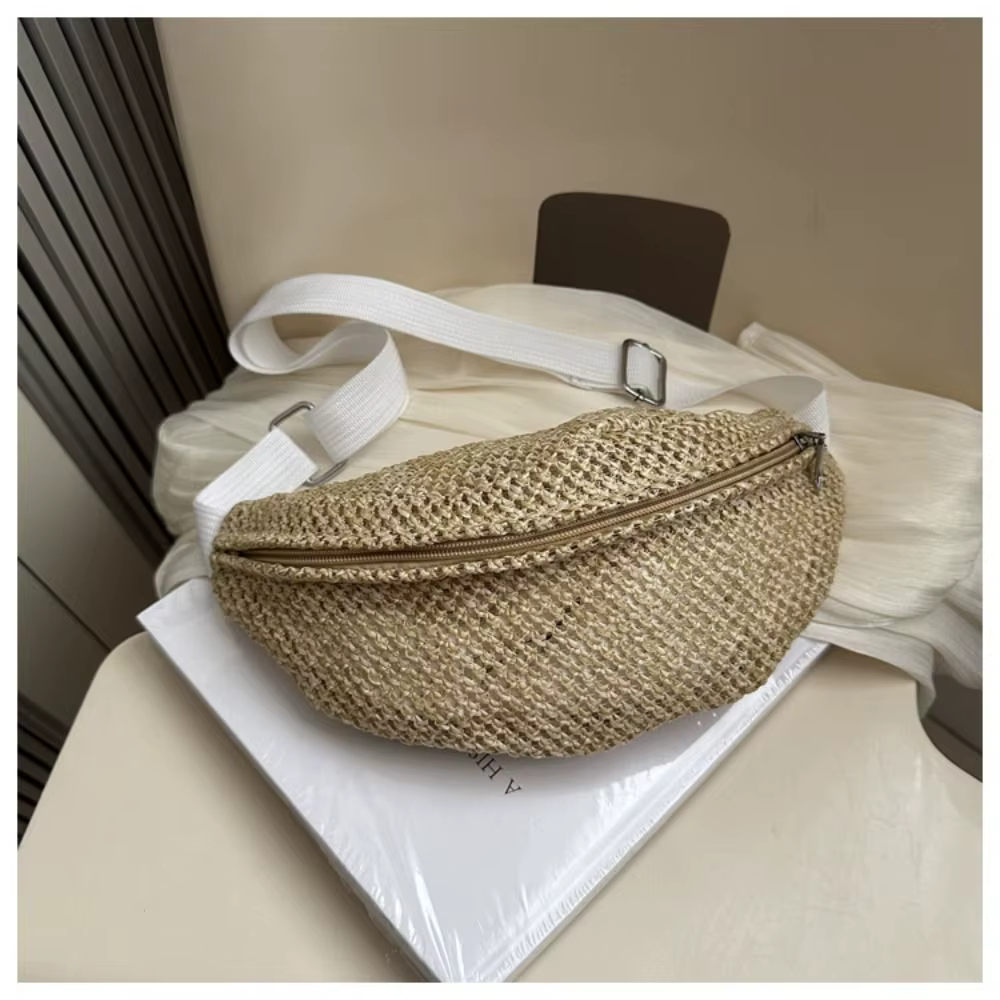 Sac demi-lune en paille tressée, pochette pour téléphone, sac à main tressé antivol, grande capacité