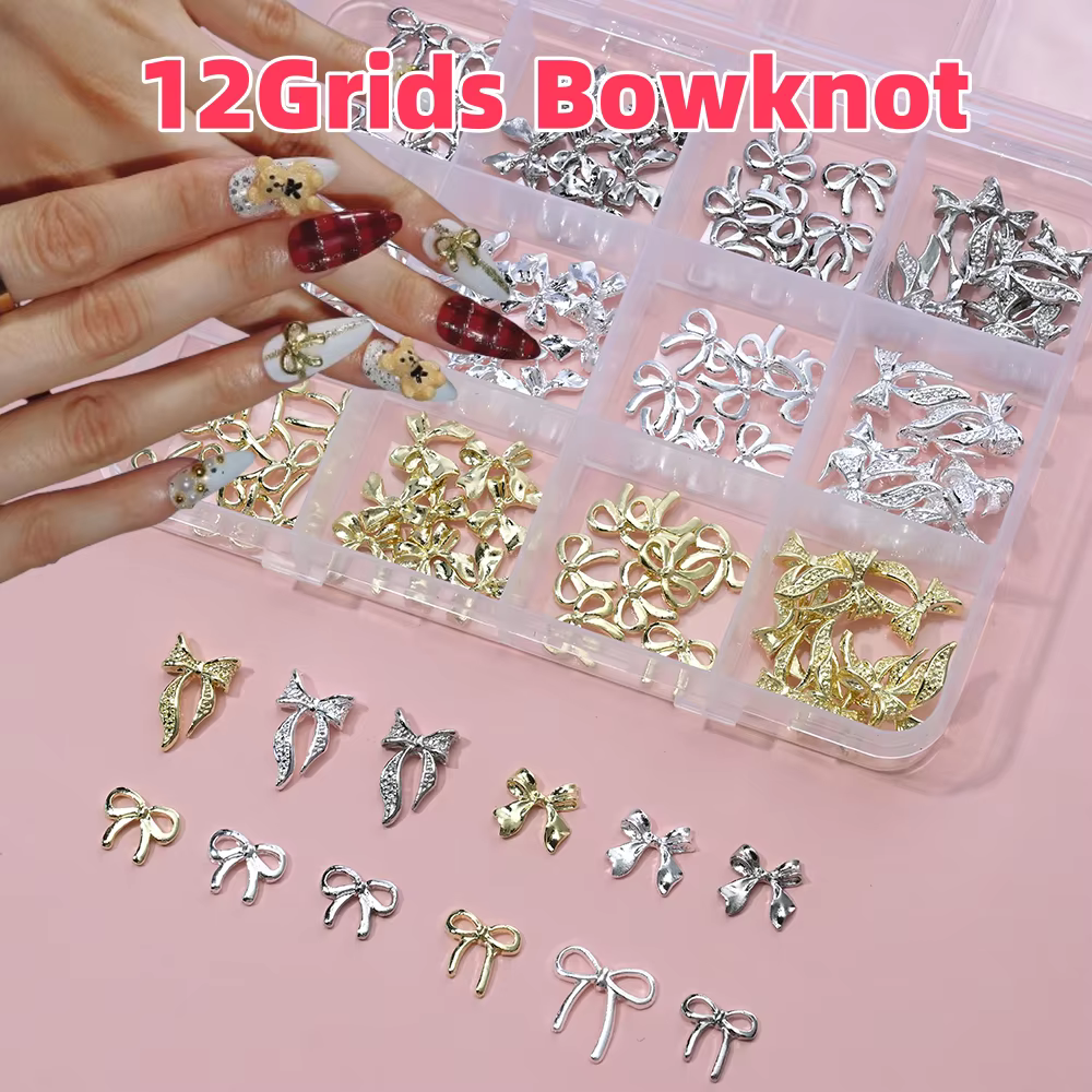 96/50 pièces 3D nœud papillon/ruban métal Nail Art breloques argent/or alliage arcs ongles strass dé