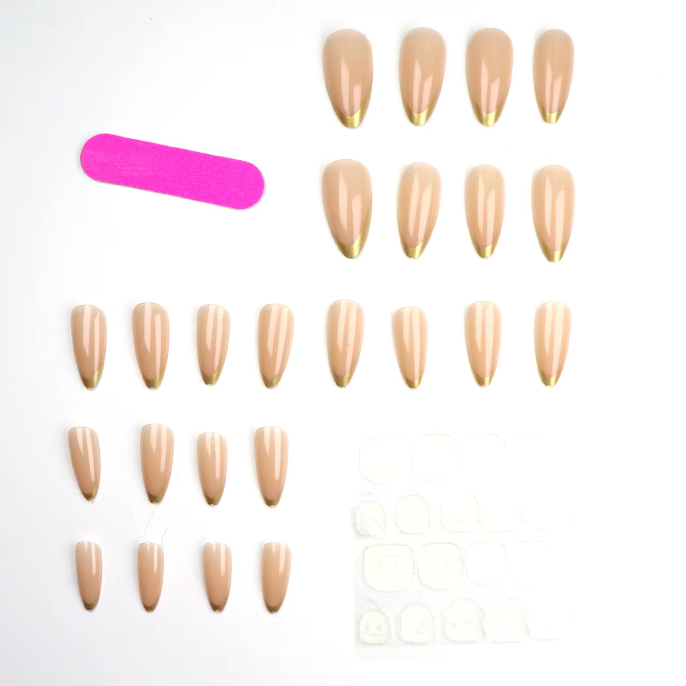 Short pour ongles pressés en amande, faux ongles roses, pointes françaises dorées élégantes fabriqué