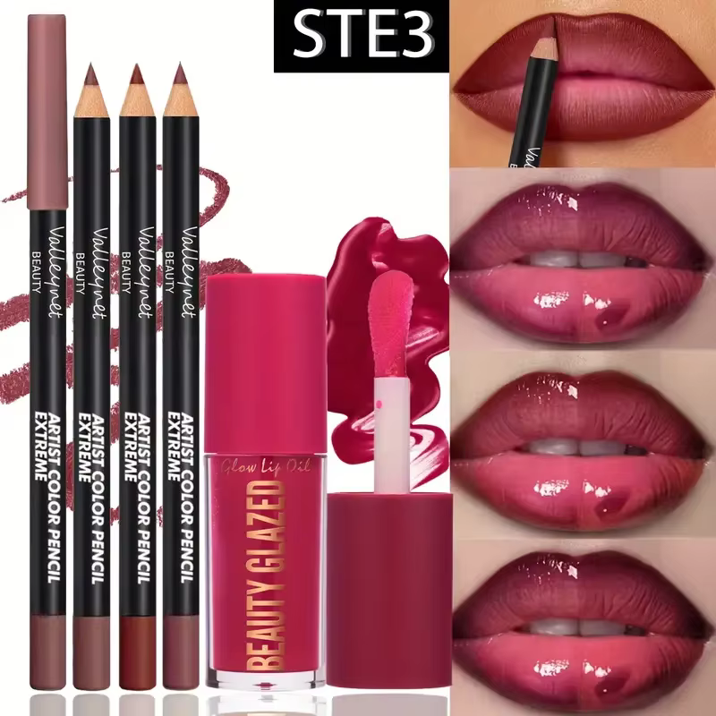 Ensemble de 4 kits pour les lèvres - 3 crayons à lèvres + 1 gloss à lèvres, effet mat imperméable et
