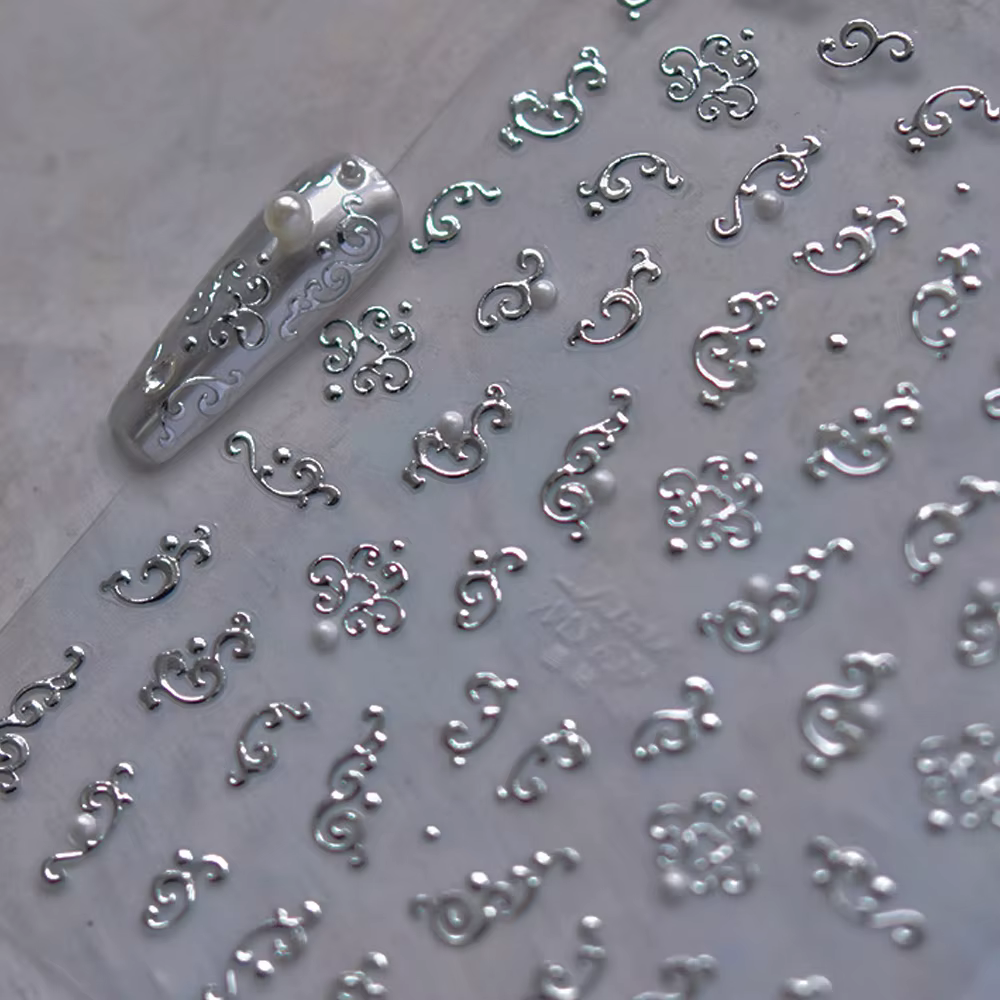 Autocollants pour Nail Art, estampage à chaud, motifs d'or et d'argent, Totem de perles 5D de Style 