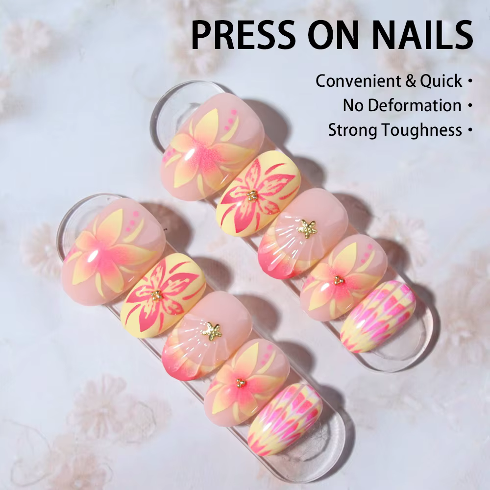Autocollants pour ongles en Gel 3D ovales courts, 24 pièces, créer un Nail Art en forme de fleur de 