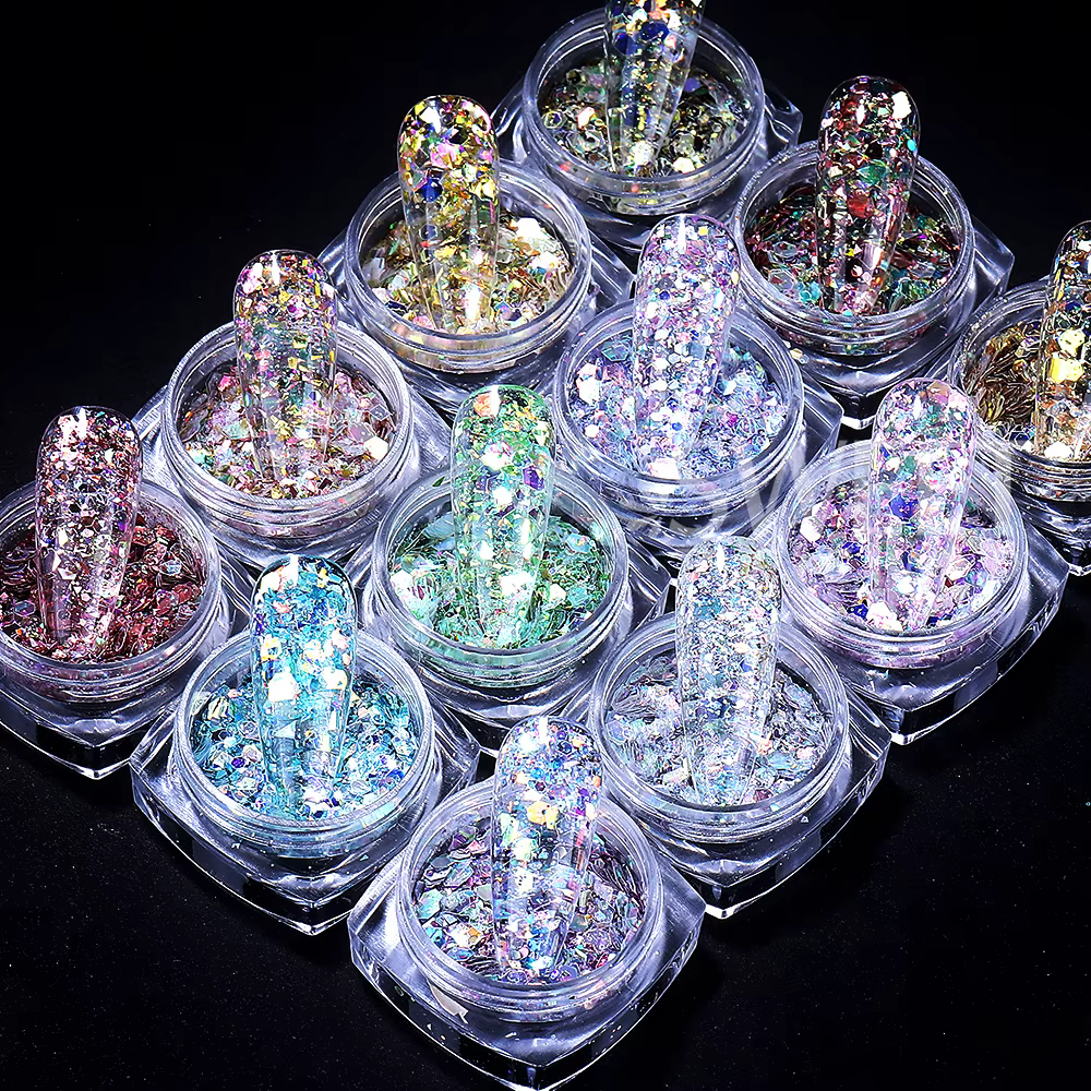 Paillettes holographiques hexagonales pour ongles, 12 couleurs, brillant, grosses paillettes irisées