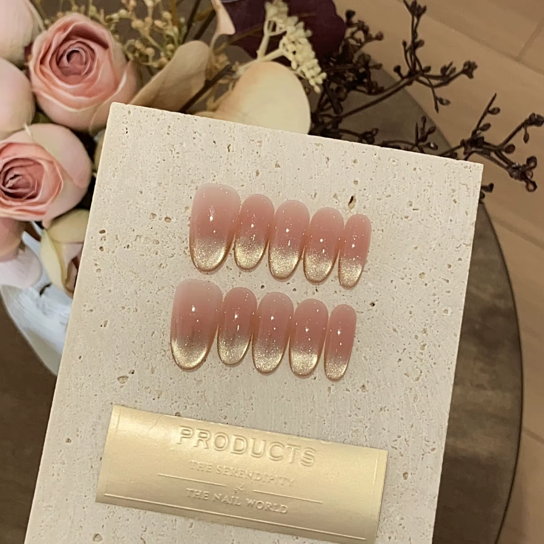 Faux ongles roses dégradés faits à la main, nail art, nail art, n64.avec diamant, presse, n64.amande