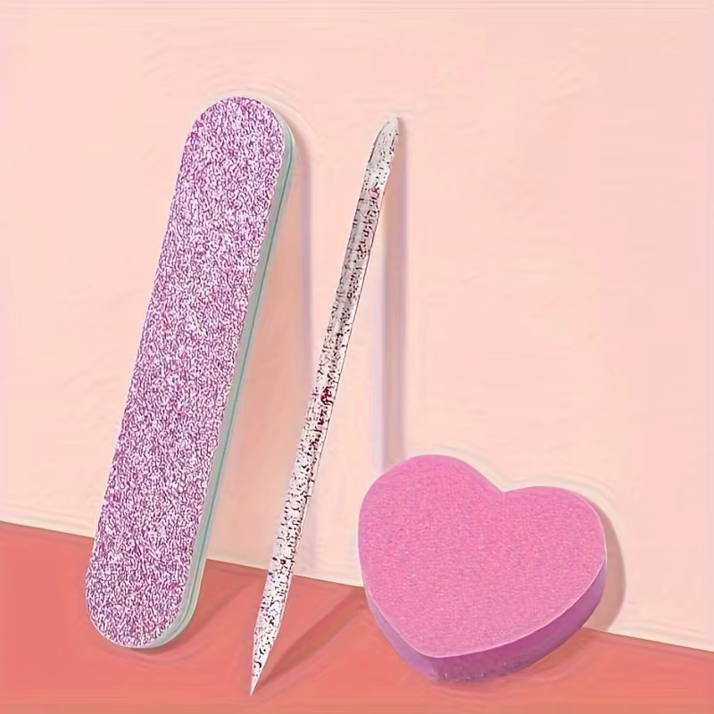 Ensemble de 12 pièces de kit de soin des ongles à paillettes roses, tampon en forme de cœur, tige en
