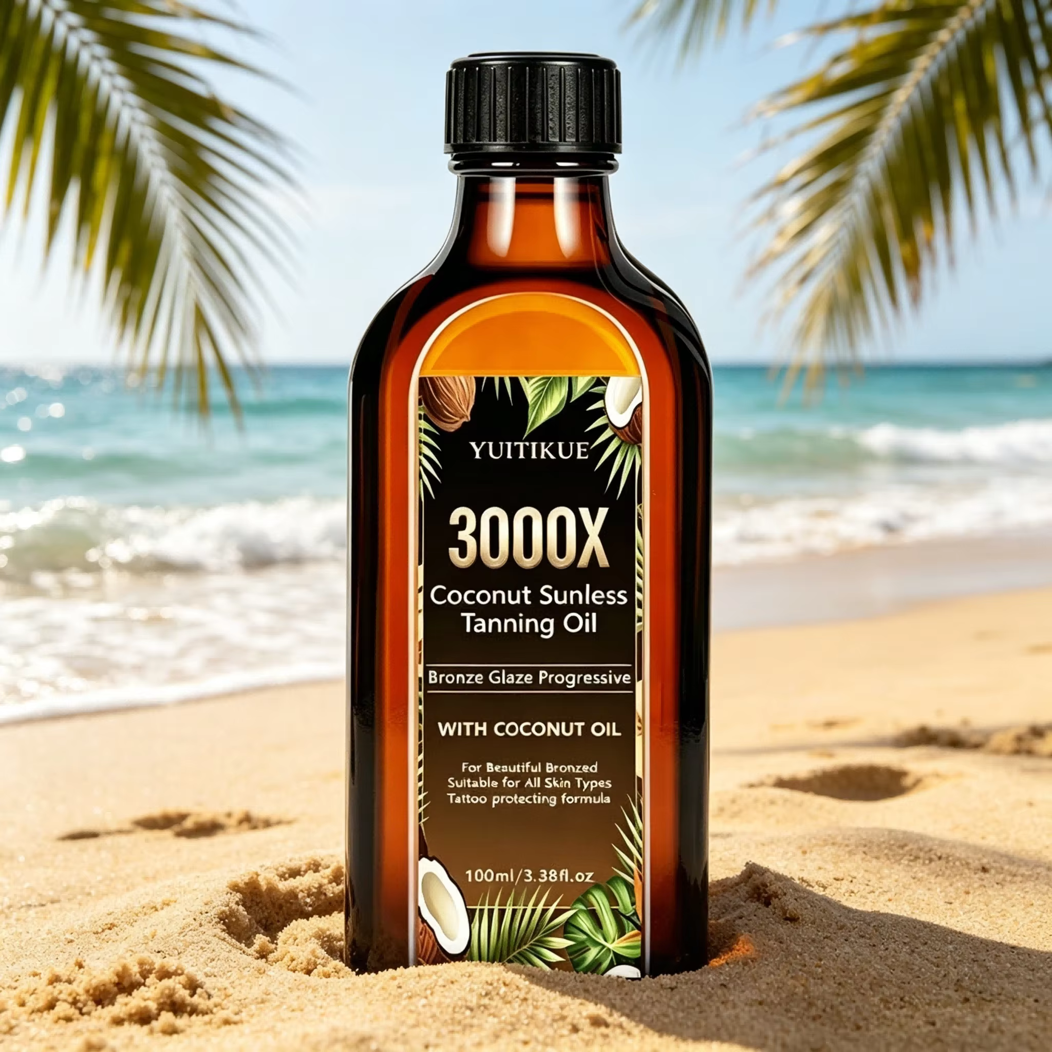 YUITIKUE 100ml 3000X Huile de bronzage sans soleil à la noix de coco, bronzage progressif, hydratant