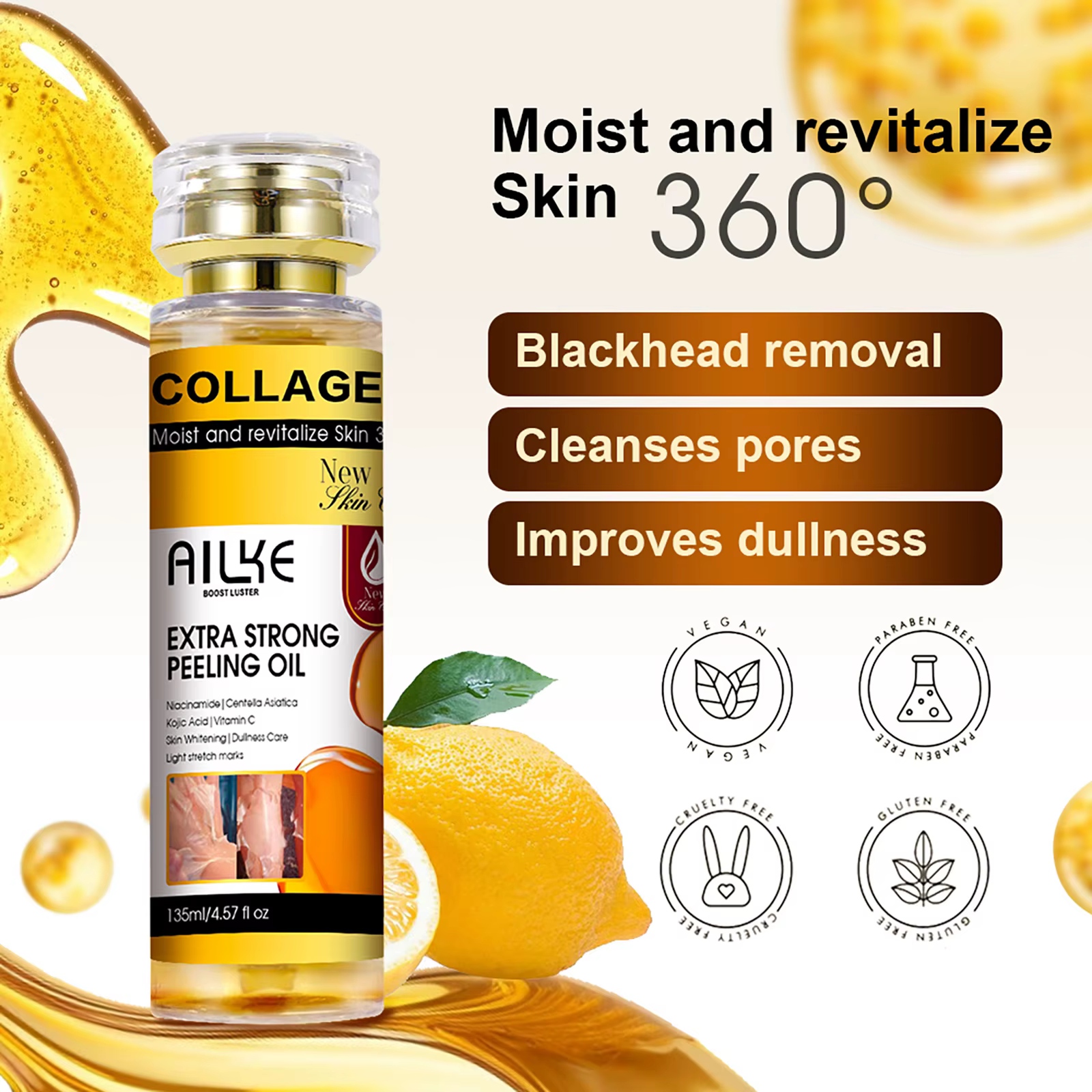 AILKE Huile peeling extra forte au collagène, peau blanchissante, solution exfoliante pour le visage