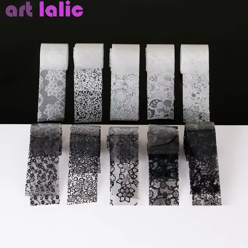 Feuille de transfert de dentelle noire et blanche, 10 rouleaux de 2.5x60cm, pour Nail Art, enveloppe